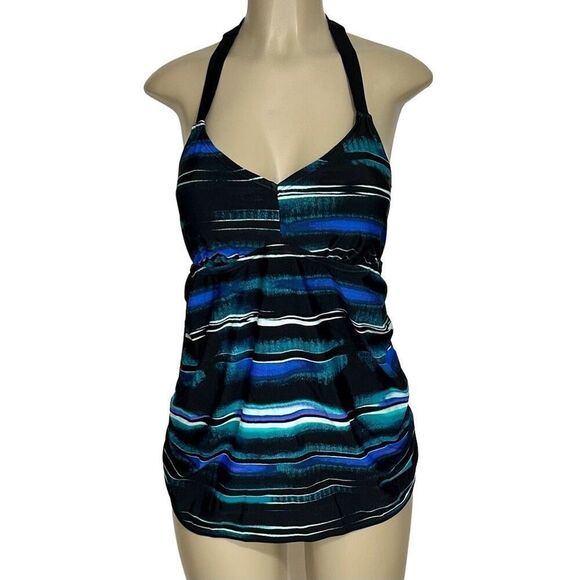 Liz Lange Maternity Tankini Women's Medium Water Color Stripe Halter Swimsuit - Picture 1 of 11